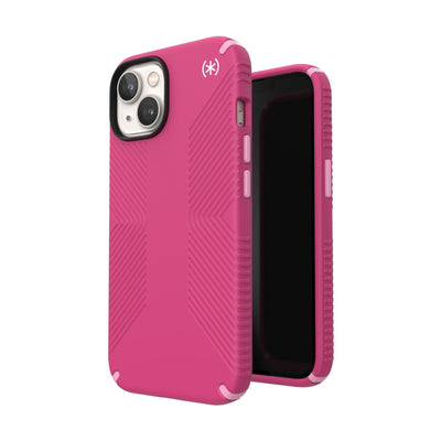 Three-quarter view of back of phone case simultaneously shown with three-quarter front view of phone case#color_digital-pink-blossom-pink