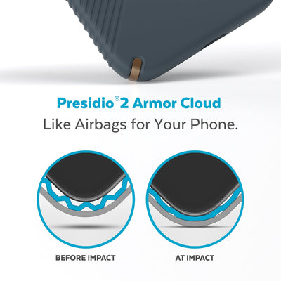 View of corner of phone case impacting ground with illustrations showing before and after impact - Presidio2 Armor Cloud, like airbags for your phone.#color_charcoal-grey-cool-bronze