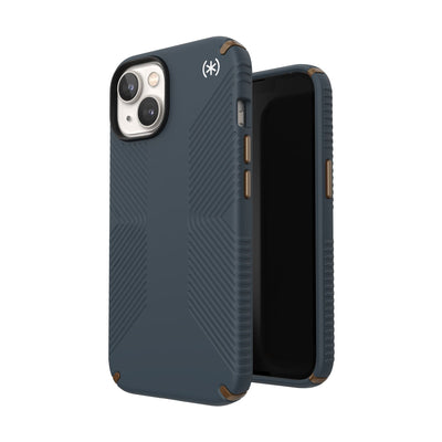 Three-quarter view of back of phone case simultaneously shown with three-quarter front view of phone case#color_charcoal-grey-cool-bronze