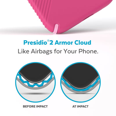 View of corner of phone case impacting ground with illustrations showing before and after impact - Presidio2 Armor Cloud, like airbags for your phone.#color_digital-pink-blossom-pink