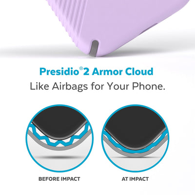 View of corner of phone case impacting ground with illustrations showing before and after impact - Presidio2 Armor Cloud, like airbags for your phone.#color_spring-purple-cloudy-grey