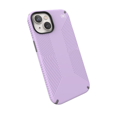 Tilted three-quarter angled view of back of phone case#color_spring-purple-cloudy-grey