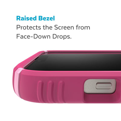 View of top of phone case laying on its back - Raised bezel protects the screen from face-down drops.#color_digital-pink-blossom-pink