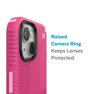 Slightly tilted view of side of phone case showing phone cameras - Raised camera ring keeps lenses protected.#color_digital-pink-blossom-pink