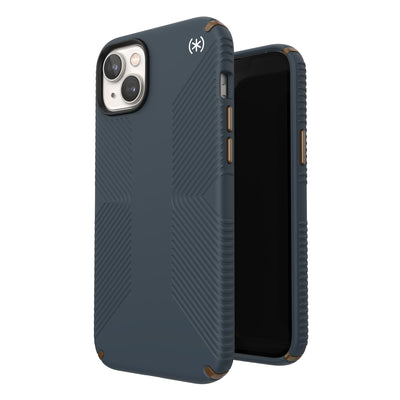 Three-quarter view of back of phone case simultaneously shown with three-quarter front view of phone case#color_charcoal-grey-cool-bronze