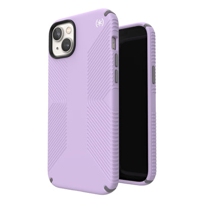 Three-quarter view of back of phone case simultaneously shown with three-quarter front view of phone case#color_spring-purple-cloudy-grey