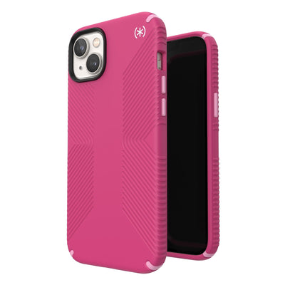 Three-quarter view of back of phone case simultaneously shown with three-quarter front view of phone case#color_digital-pink-blossom-pink