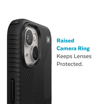 Slightly tilted view of side of phone case showing phone cameras - Raised camera ring keeps lenses protected.#color_black