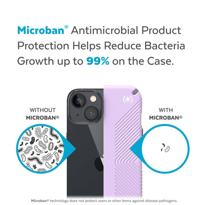 Back view, half without case, other with case, less germs on case - Microban antimicrobial product protection helps reduce bacteria growth up to 99% on the case.#color_spring-purple-cloudy-grey