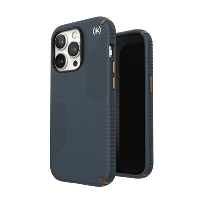 Three-quarter view of back of phone case simultaneously shown with three-quarter front view of phone case#color_charcoal-grey-cool-bronze