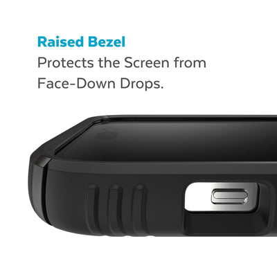 View of top of phone case laying on its back - Raised bezel protects the screen from face-down drops.#color_black