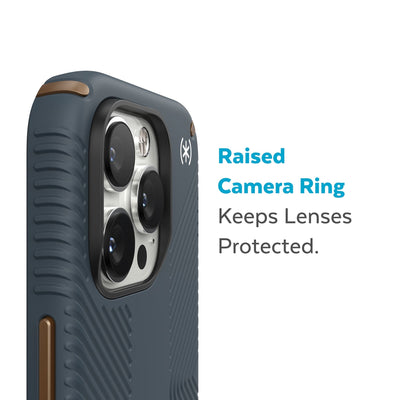 Slightly tilted view of side of phone case showing phone cameras - Raised camera ring keeps lenses protected.#color_charcoal-grey-cool-bronze