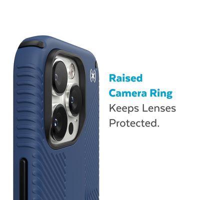 Slightly tilted view of side of phone case showing phone cameras - Raised camera ring keeps lenses protected.#color_coastal-blue-black