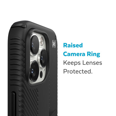 Slightly tilted view of side of phone case showing phone cameras - Raised camera ring keeps lenses protected.#color_black