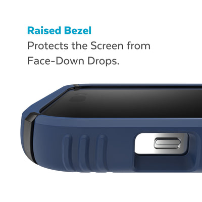 View of top of phone case laying on its back - Raised bezel protects the screen from face-down drops.#color_coastal-blue-black