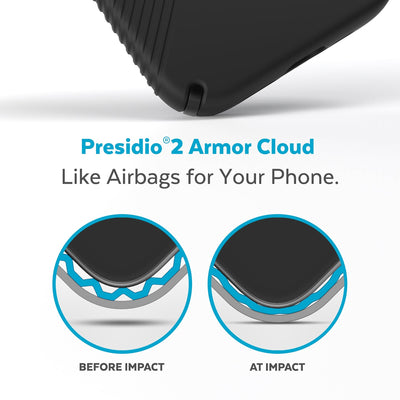 View of corner of phone case impacting ground with illustrations showing before and after impact - Presidio2 Armor Cloud, like airbags for your phone.#color_black