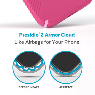 View of corner of phone case impacting ground with illustrations showing before and after impact - Presidio2 Armor Cloud, like airbags for your phone.#color_digital-pink-blossom-pink