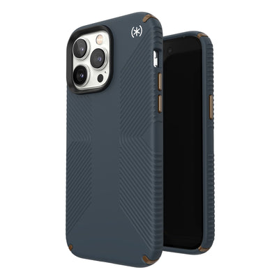 Three-quarter view of back of phone case simultaneously shown with three-quarter front view of phone case#color_charcoal-grey-cool-bronze