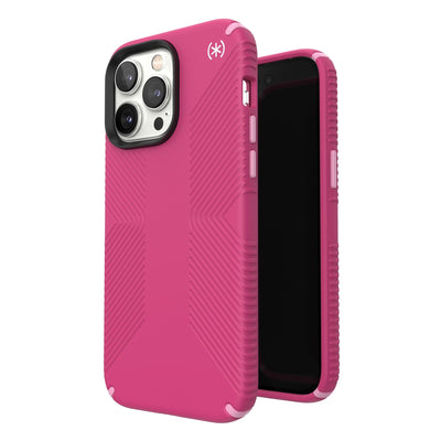 Three-quarter view of back of phone case simultaneously shown with three-quarter front view of phone case#color_digital-pink-blossom-pink