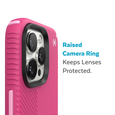 Slightly tilted view of side of phone case showing phone cameras - Raised camera ring keeps lenses protected.#color_digital-pink-blossom-pink