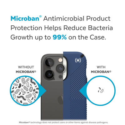 Back view, half without case, other with case, less germs on case - Microban antimicrobial product protection helps reduce bacteria growth up to 99% on the case.#color_coastal-blue-black