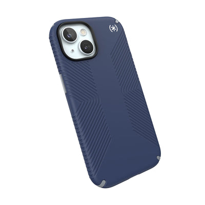 Tilted three-quarter angled view of back of phone case.#color_coastal-blue-dust-grey