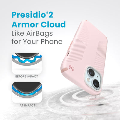 A case with phone inside hits a hard surface on the top corner. Diagrams show Armor Cloud case lining before and at impact. Text reads Presidio2 Armor Cloud. Like airbags for your phone. #color_nimbus-pink-dahlia-pink