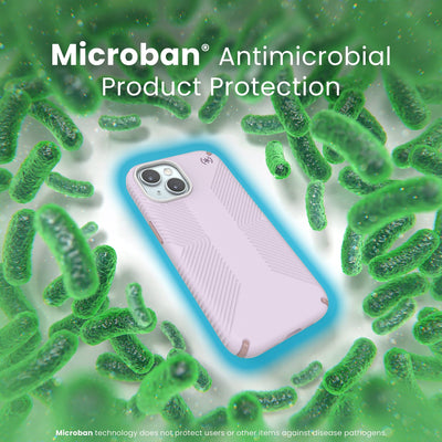 A case with phone inside is surrounded by bacteria. A blue halo around the phone keeps the bacteria away. Text reads Microban antimicrobial product protection. Microban technology does not protect users or other items against disease pathogens.#color_soft-lilac-carnation-petal