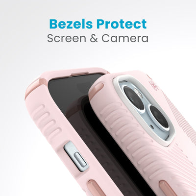 A case with phone inside with camera facing up is lying on top of a case with phone inside with screen facing up. Both are at a sharp angle clearly showing case's raised bezels around screen and camera. Text reads bezels protect screen and camera.#color_nimbus-pink-dahlia-pink