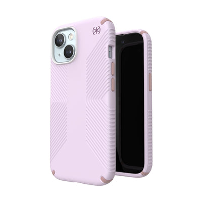 Three-quarter view of back of phone case simultaneously shown with three-quarter front view of phone case.#color_soft-lilac-carnation-petal