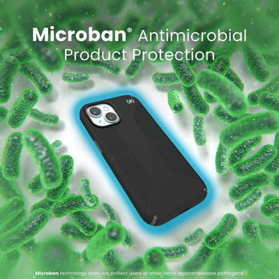 A case with phone inside is surrounded by bacteria. A blue halo around the phone keeps the bacteria away. Text reads Microban antimicrobial product protection. Microban technology does not protect users or other items against disease pathogens.#color_black-slate-grey