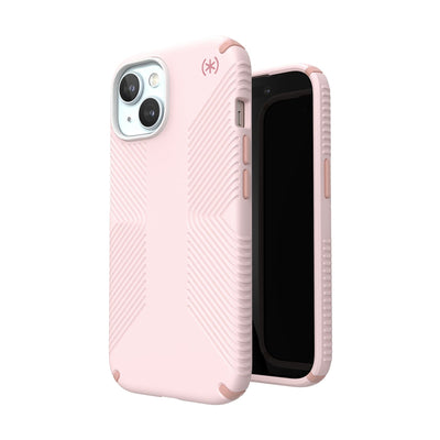 Three-quarter view of back of phone case simultaneously shown with three-quarter front view of phone case.#color_nimbus-pink-dahlia-pink