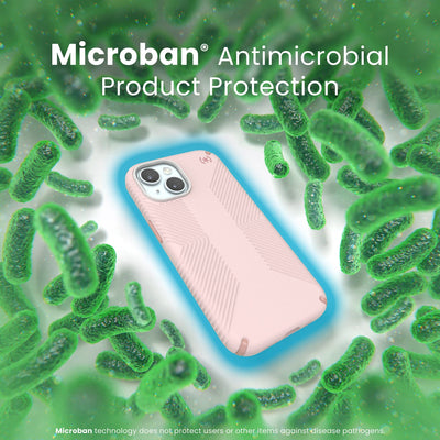 A case with phone inside is surrounded by bacteria. A blue halo around the phone keeps the bacteria away. Text reads Microban antimicrobial product protection. Microban technology does not protect users or other items against disease pathogens.#color_nimbus-pink-dahlia-pink