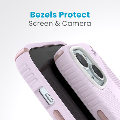 A case with phone inside with camera facing up is lying on top of a case with phone inside with screen facing up. Both are at a sharp angle clearly showing case's raised bezels around screen and camera. Text reads bezels protect screen and camera.#color_soft-lilac-carnation-petal