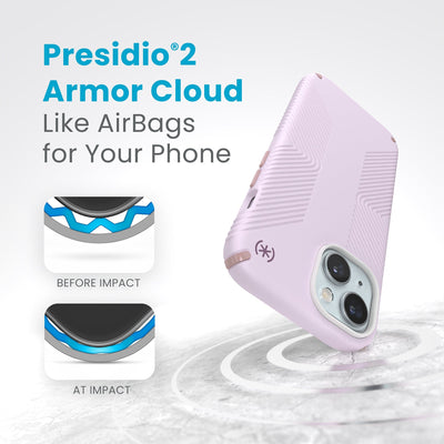 A case with phone inside hits a hard surface on the top corner. Diagrams show Armor Cloud case lining before and at impact. Text reads Presidio2 Armor Cloud. Like airbags for your phone. #color_soft-lilac-carnation-petal