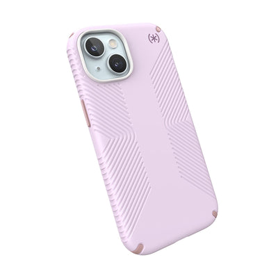 Tilted three-quarter angled view of back of phone case.#color_soft-lilac-carnation-petal