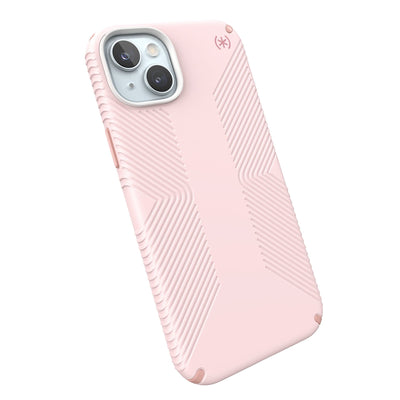 Tilted three-quarter angled view of back of phone case.#color_nimbus-pink-dahlia-pink