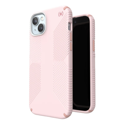 Three-quarter view of back of phone case simultaneously shown with three-quarter front view of phone case.#color_nimbus-pink-dahlia-pink