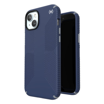 Three-quarter view of back of phone case simultaneously shown with three-quarter front view of phone case.#color_coastal-blue-dust-grey