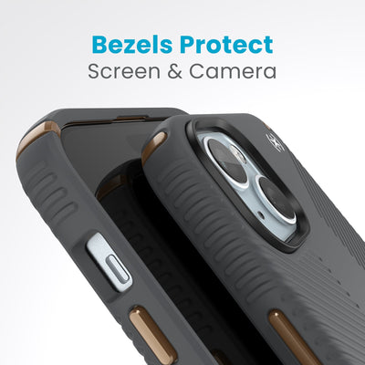 A case with phone inside with camera facing up is lying on top of a case with phone inside with screen facing up. Both are at a sharp angle clearly showing case's raised bezels around screen and camera. Text reads bezels protect screen and camera.#color_charcoal-grey-cool-bronze