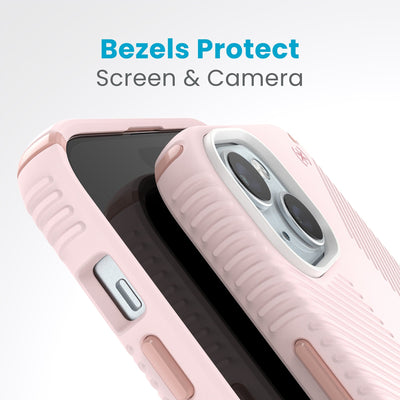 A case with phone inside with camera facing up is lying on top of a case with phone inside with screen facing up. Both are at a sharp angle clearly showing case's raised bezels around screen and camera. Text reads bezels protect screen and camera.#color_nimbus-pink-dahlia-pink