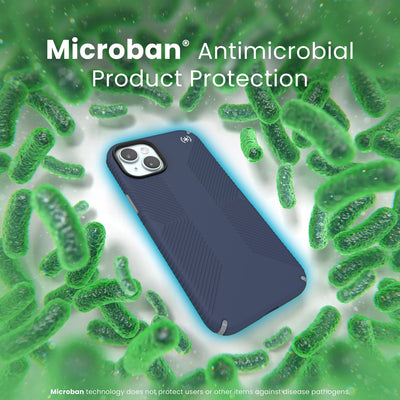 A case with phone inside is surrounded by bacteria. A blue halo around the phone keeps the bacteria away. Text reads Microban antimicrobial product protection. Microban technology does not protect users or other items against disease pathogens.#color_coastal-blue-dust-grey