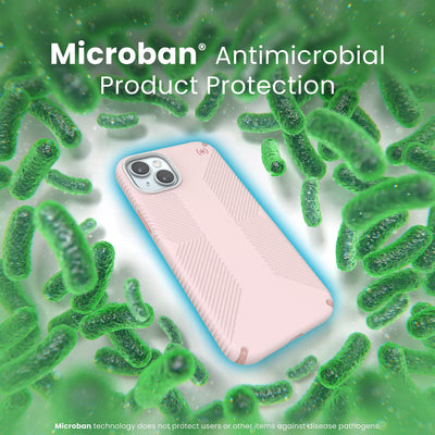 A case with phone inside is surrounded by bacteria. A blue halo around the phone keeps the bacteria away. Text reads Microban antimicrobial product protection. Microban technology does not protect users or other items against disease pathogens.#color_nimbus-pink-dahlia-pink