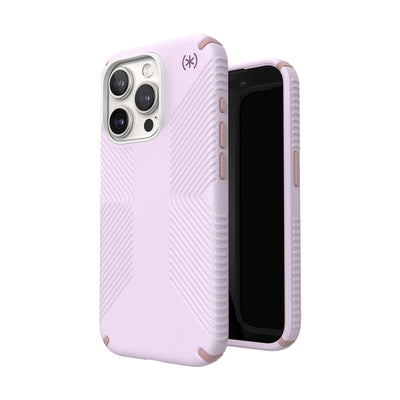 Three-quarter view of back of phone case simultaneously shown with three-quarter front view of phone case.#color_soft-lilac-carnation-petal