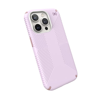 Tilted three-quarter angled view of back of phone case.#color_soft-lilac-carnation-petal