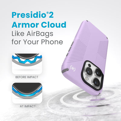 A case with phone inside hits a hard surface on the top corner. Diagrams show Armor Cloud case lining before and at impact. Text reads Presidio2 Armor Cloud. Like airbags for your phone. #color_spring-purple-cloudy-grey