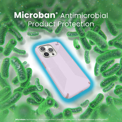 A case with phone inside is surrounded by bacteria. A blue halo around the phone keeps the bacteria away. Text reads Microban antimicrobial product protection. Microban technology does not protect users or other items against disease pathogens.#color_soft-lilac-carnation-petal