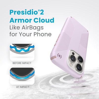 A case with phone inside hits a hard surface on the top corner. Diagrams show Armor Cloud case lining before and at impact. Text reads Presidio2 Armor Cloud. Like airbags for your phone. #color_soft-lilac-carnation-petal