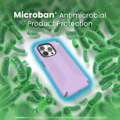 A case with phone inside is surrounded by bacteria. A blue halo around the phone keeps the bacteria away. Text reads Microban antimicrobial product protection. Microban technology does not protect users or other items against disease pathogens.#color_spring-purple-cloudy-grey