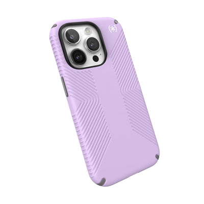 Tilted three-quarter angled view of back of phone case.#color_spring-purple-cloudy-grey